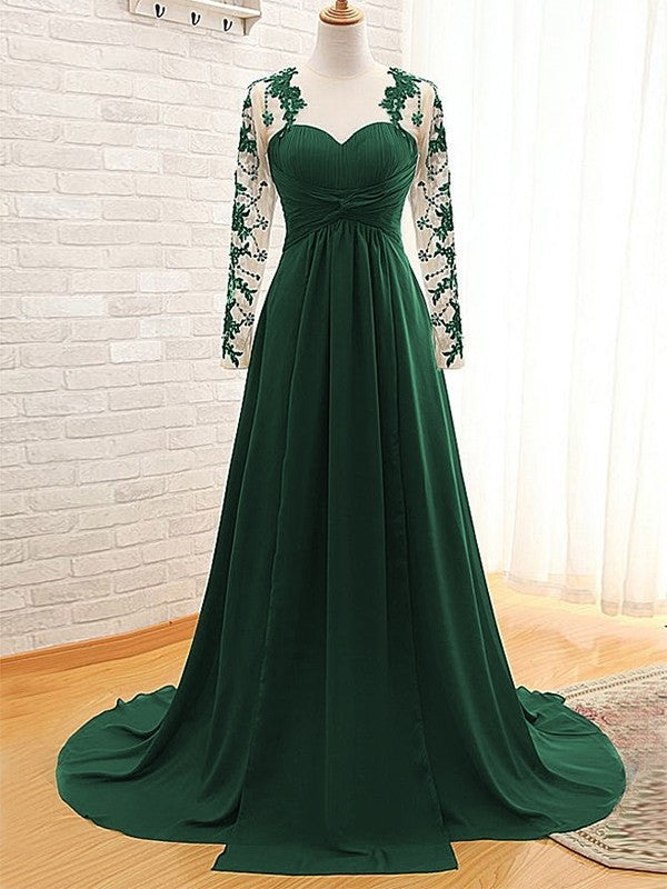 A-Line/Princess Chiffon Applique Sweetheart Long Sleeves Sweep/Brush Train Mother of the Bride Dress