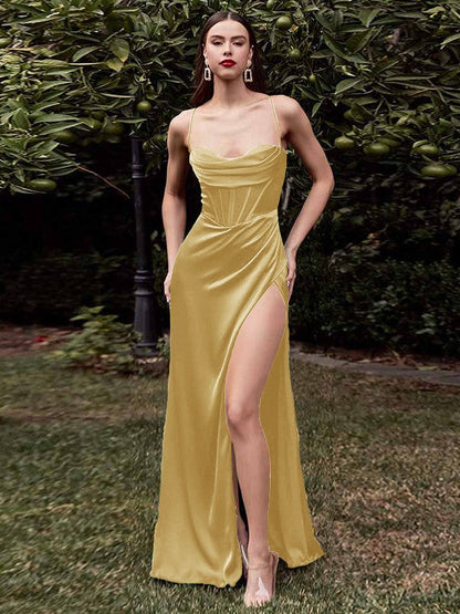 Sheath/Column Elastic Woven Satin Ruched Spaghetti Straps Sleeveless Sweep/Brush Train Corset Prom Dress