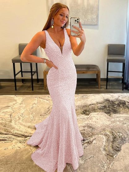 Sheath/Column Velvet Sequins Ruffles V-neck Sleeveless Sweep/Brush Train Prom Dress