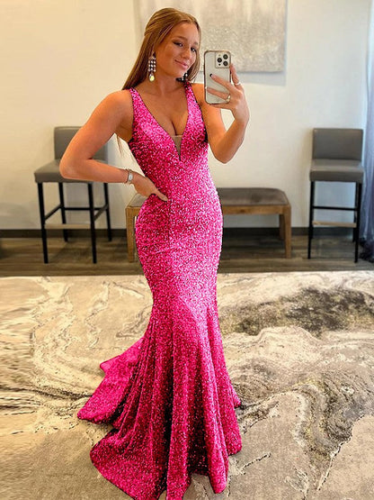 Sheath/Column Velvet Sequins Ruffles V-neck Sleeveless Sweep/Brush Train Prom Dress