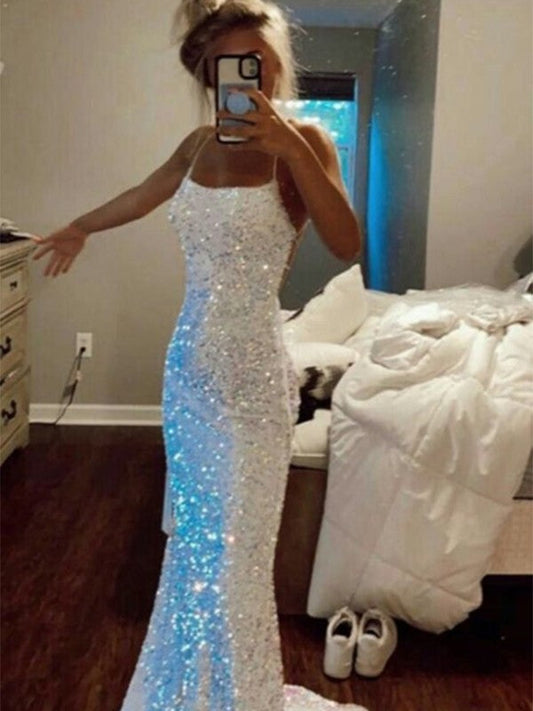 Sheath/Column Velvet Sequins Spaghetti Straps Sleeveless Sweep/Brush Train Prom Dress
