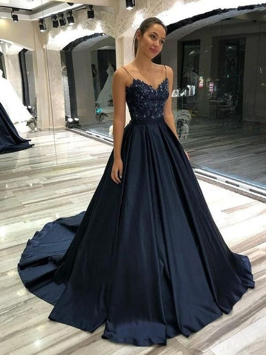 A-Line/Princess Satin Applique V-neck Sleeveless Sweep/Brush Train Prom Dress