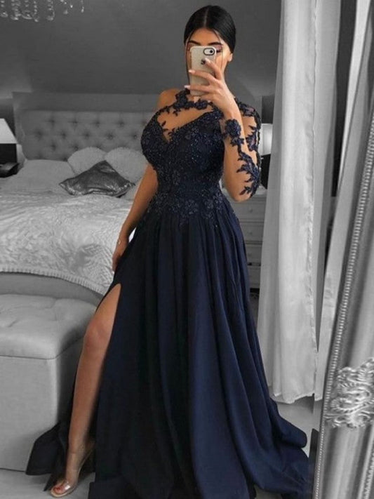 A-Line/Princess Satin Applique Scoop Long Sleeves Sweep/Brush Train Prom Dress