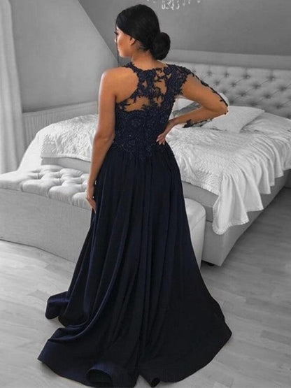 A-Line/Princess Satin Applique Scoop Long Sleeves Sweep/Brush Train Prom Dress
