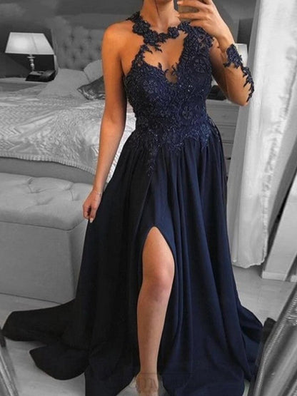 A-Line/Princess Satin Applique Scoop Long Sleeves Sweep/Brush Train Prom Dress