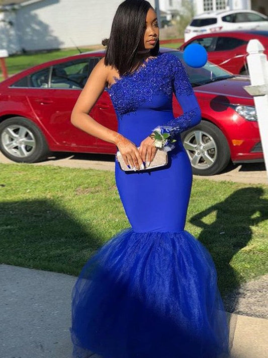 Trumpet/Mermaid Stretch Crepe Applique One-Shoulder Long Sleeves Sweep/Brush Train Prom Dress