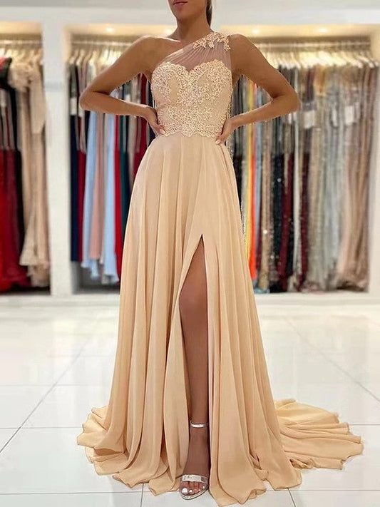 A-Line/Princess Chiffon Lace One-Shoulder Sleeveless Sweep/Brush Train Prom Dress