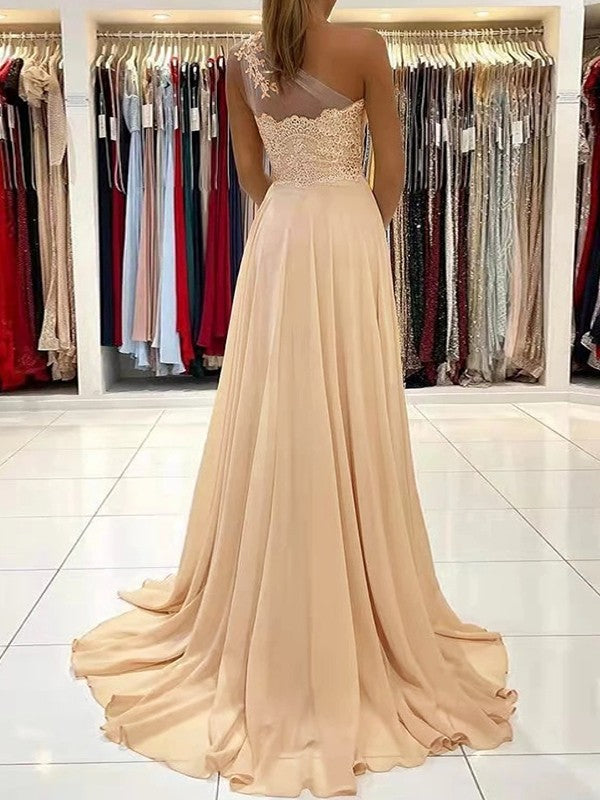 A-Line/Princess Chiffon Lace One-Shoulder Sleeveless Sweep/Brush Train Prom Dress