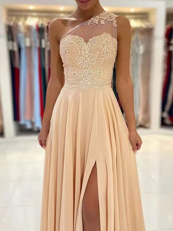 A-Line/Princess Chiffon Lace One-Shoulder Sleeveless Sweep/Brush Train Prom Dress