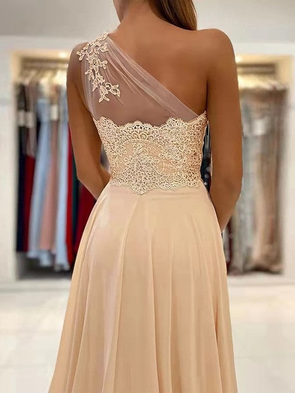 A-Line/Princess Chiffon Lace One-Shoulder Sleeveless Sweep/Brush Train Prom Dress