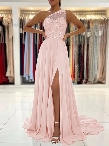 A-Line/Princess Chiffon Lace One-Shoulder Sleeveless Sweep/Brush Train Prom Dress