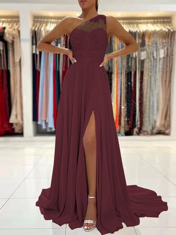 A-Line/Princess Chiffon Lace One-Shoulder Sleeveless Sweep/Brush Train Prom Dress