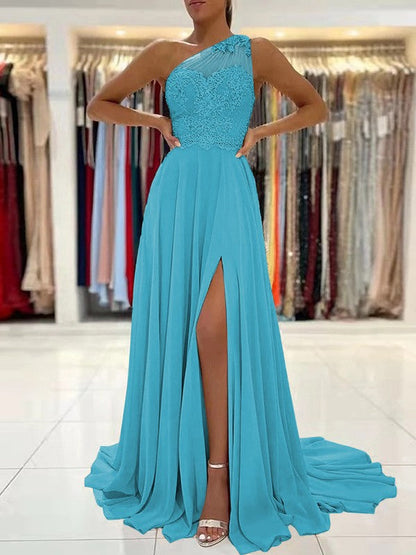 A-Line/Princess Chiffon Lace One-Shoulder Sleeveless Sweep/Brush Train Prom Dress