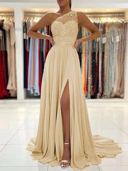 A-Line/Princess Chiffon Lace One-Shoulder Sleeveless Sweep/Brush Train Prom Dress