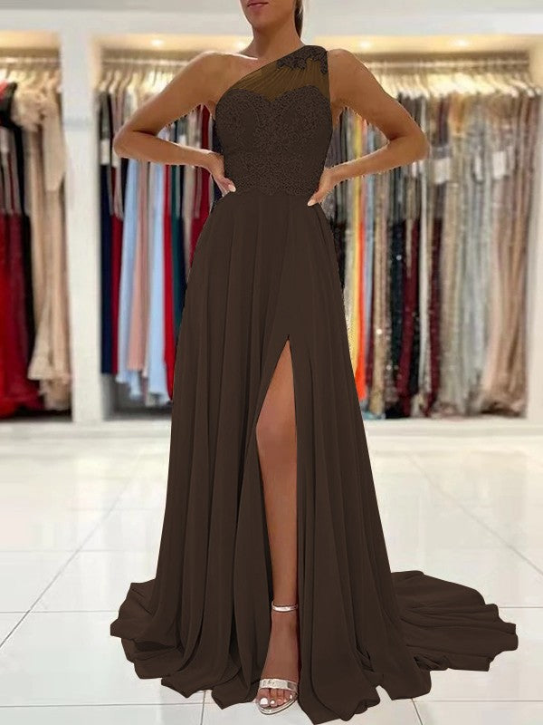 A-Line/Princess Chiffon Lace One-Shoulder Sleeveless Sweep/Brush Train Prom Dress
