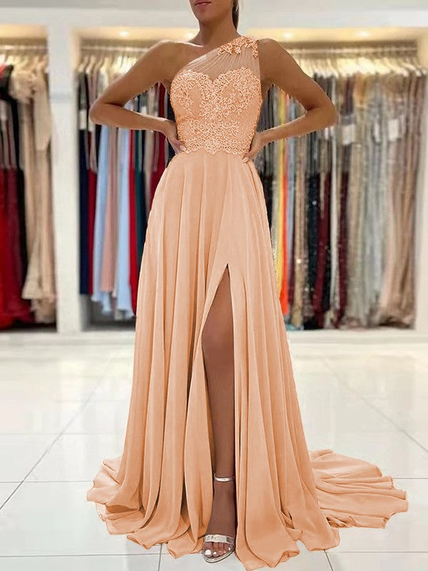 A-Line/Princess Chiffon Lace One-Shoulder Sleeveless Sweep/Brush Train Prom Dress