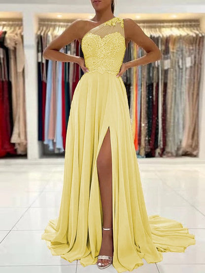 A-Line/Princess Chiffon Lace One-Shoulder Sleeveless Sweep/Brush Train Prom Dress