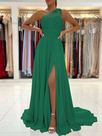 A-Line/Princess Chiffon Lace One-Shoulder Sleeveless Sweep/Brush Train Prom Dress