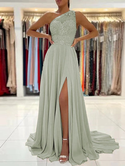 A-Line/Princess Chiffon Lace One-Shoulder Sleeveless Sweep/Brush Train Prom Dress