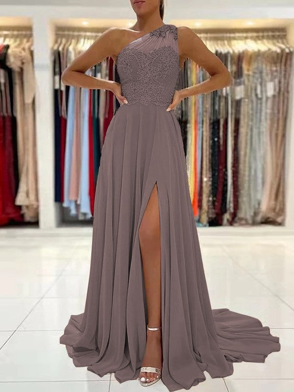 A-Line/Princess Chiffon Lace One-Shoulder Sleeveless Sweep/Brush Train Prom Dress