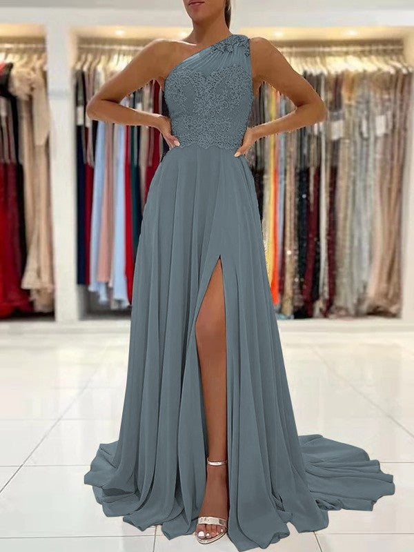 A-Line/Princess Chiffon Lace One-Shoulder Sleeveless Sweep/Brush Train Prom Dress