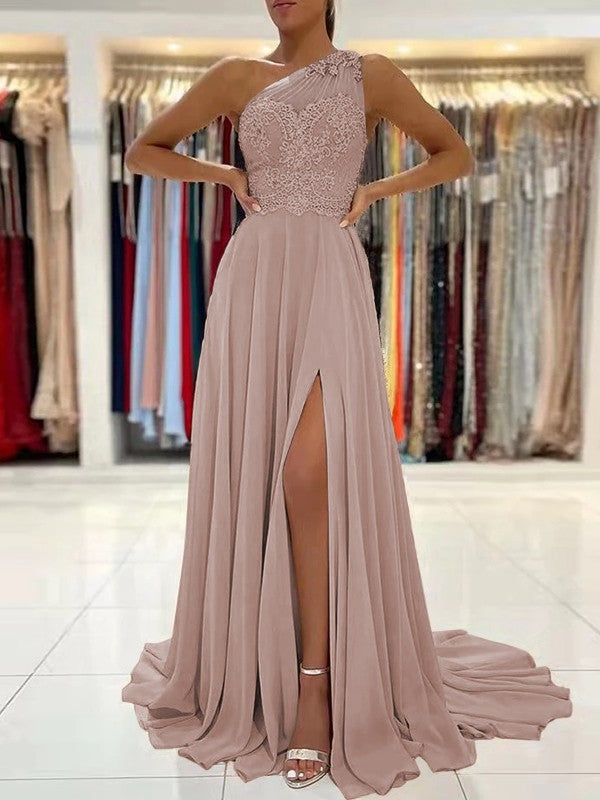 A-Line/Princess Chiffon Lace One-Shoulder Sleeveless Sweep/Brush Train Prom Dress