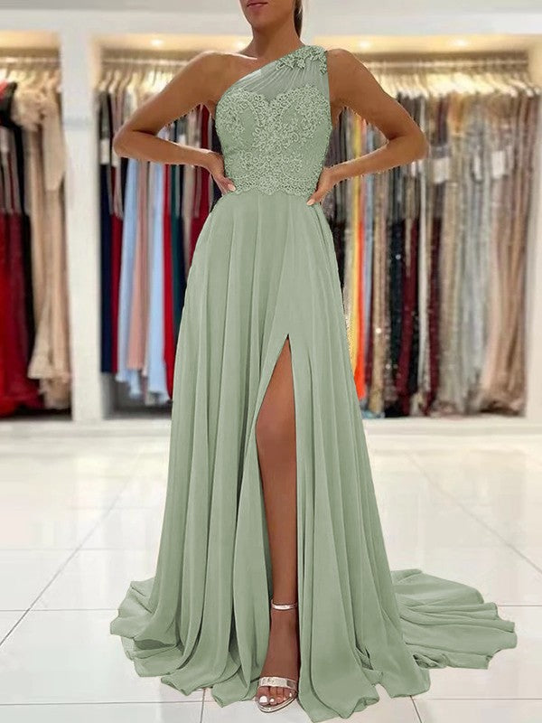 A-Line/Princess Chiffon Lace One-Shoulder Sleeveless Sweep/Brush Train Prom Dress