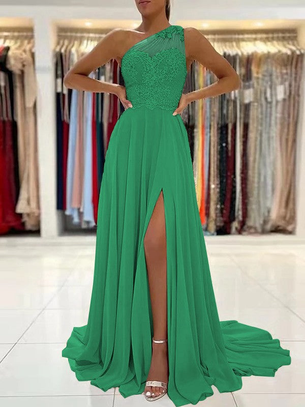 A-Line/Princess Chiffon Lace One-Shoulder Sleeveless Sweep/Brush Train Prom Dress