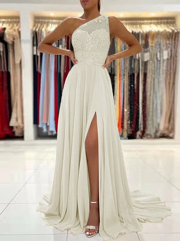 A-Line/Princess Chiffon Lace One-Shoulder Sleeveless Sweep/Brush Train Prom Dress