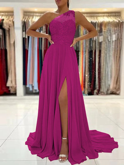 A-Line/Princess Chiffon Lace One-Shoulder Sleeveless Sweep/Brush Train Prom Dress