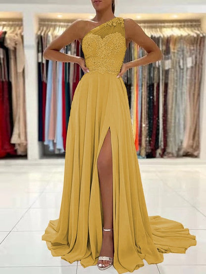 A-Line/Princess Chiffon Lace One-Shoulder Sleeveless Sweep/Brush Train Prom Dress