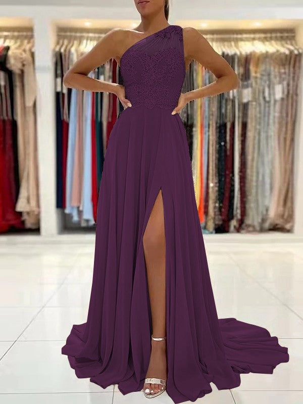 A-Line/Princess Chiffon Lace One-Shoulder Sleeveless Sweep/Brush Train Prom Dress