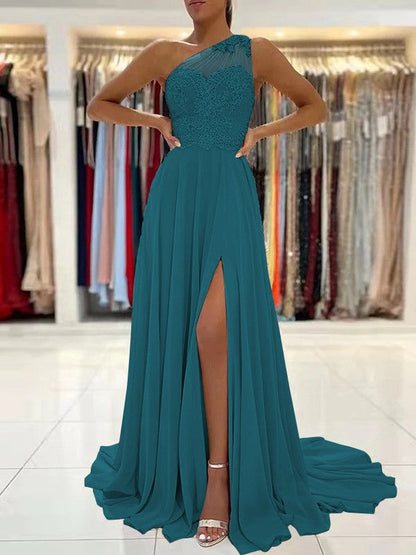 A-Line/Princess Chiffon Lace One-Shoulder Sleeveless Sweep/Brush Train Prom Dress