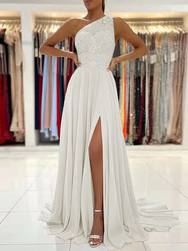 A-Line/Princess Chiffon Lace One-Shoulder Sleeveless Sweep/Brush Train Prom Dress