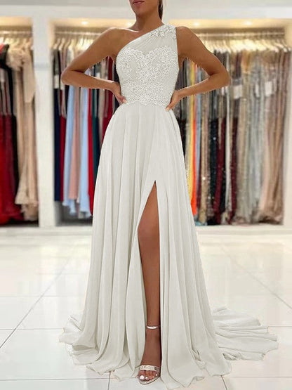 A-Line/Princess Chiffon Lace One-Shoulder Sleeveless Sweep/Brush Train Prom Dress
