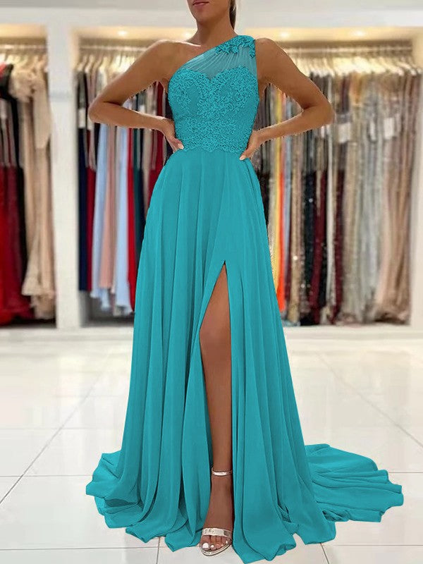 A-Line/Princess Chiffon Lace One-Shoulder Sleeveless Sweep/Brush Train Prom Dress