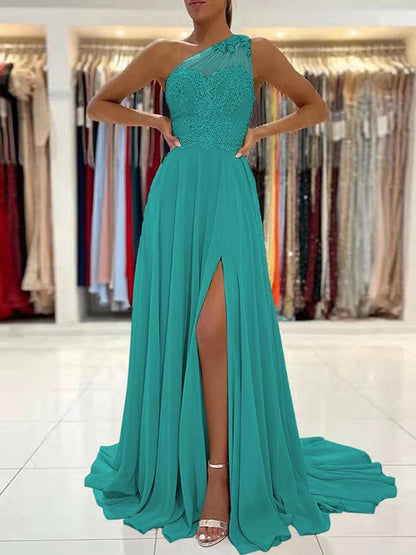 A-Line/Princess Chiffon Lace One-Shoulder Sleeveless Sweep/Brush Train Prom Dress