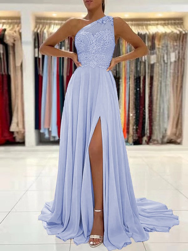 A-Line/Princess Chiffon Lace One-Shoulder Sleeveless Sweep/Brush Train Prom Dress