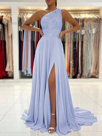 A-Line/Princess Chiffon Lace One-Shoulder Sleeveless Sweep/Brush Train Prom Dress