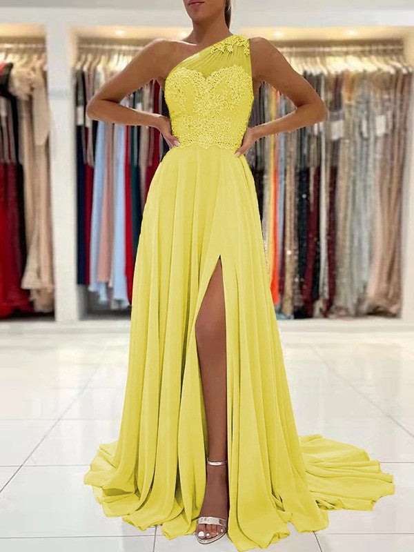 A-Line/Princess Chiffon Lace One-Shoulder Sleeveless Sweep/Brush Train Prom Dress