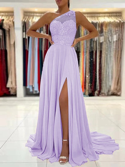 A-Line/Princess Chiffon Lace One-Shoulder Sleeveless Sweep/Brush Train Prom Dress