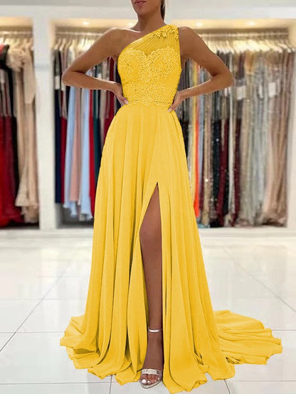 A-Line/Princess Chiffon Lace One-Shoulder Sleeveless Sweep/Brush Train Prom Dress