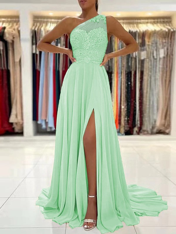 A-Line/Princess Chiffon Lace One-Shoulder Sleeveless Sweep/Brush Train Prom Dress