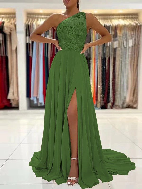 A-Line/Princess Chiffon Lace One-Shoulder Sleeveless Sweep/Brush Train Prom Dress