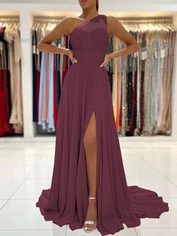 A-Line/Princess Chiffon Lace One-Shoulder Sleeveless Sweep/Brush Train Prom Dress