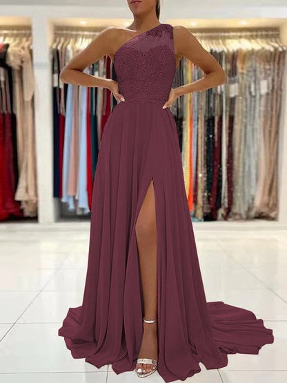 A-Line/Princess Chiffon Lace One-Shoulder Sleeveless Sweep/Brush Train Prom Dress