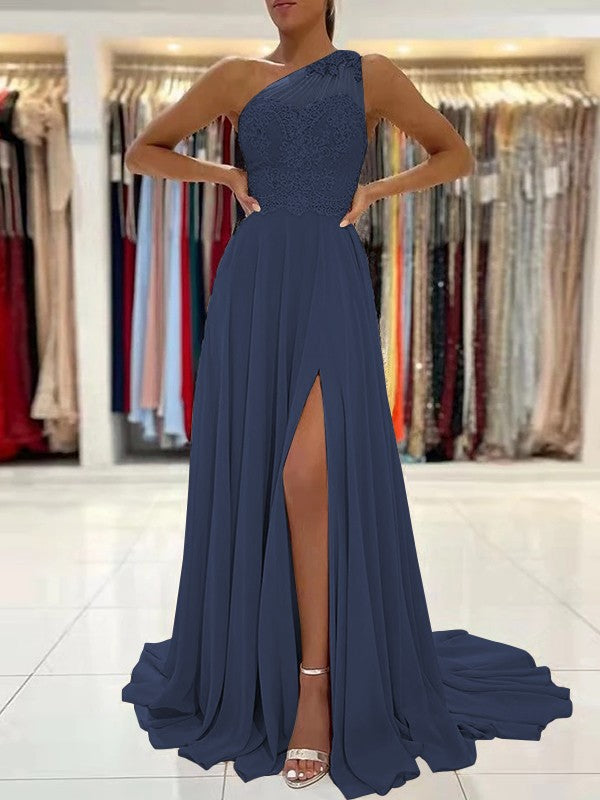 A-Line/Princess Chiffon Lace One-Shoulder Sleeveless Sweep/Brush Train Prom Dress