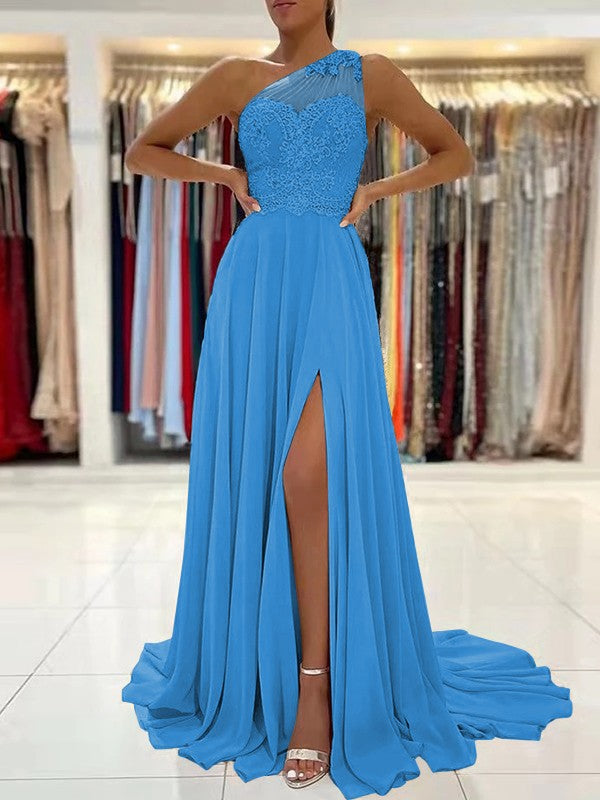 A-Line/Princess Chiffon Lace One-Shoulder Sleeveless Sweep/Brush Train Prom Dress
