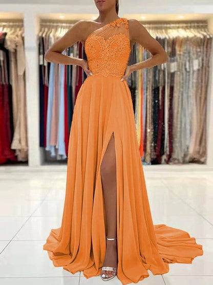 A-Line/Princess Chiffon Lace One-Shoulder Sleeveless Sweep/Brush Train Prom Dress