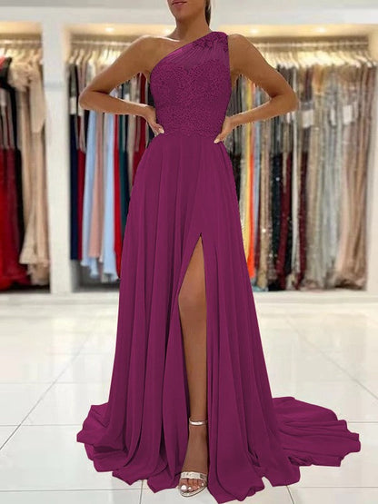 A-Line/Princess Chiffon Lace One-Shoulder Sleeveless Sweep/Brush Train Prom Dress